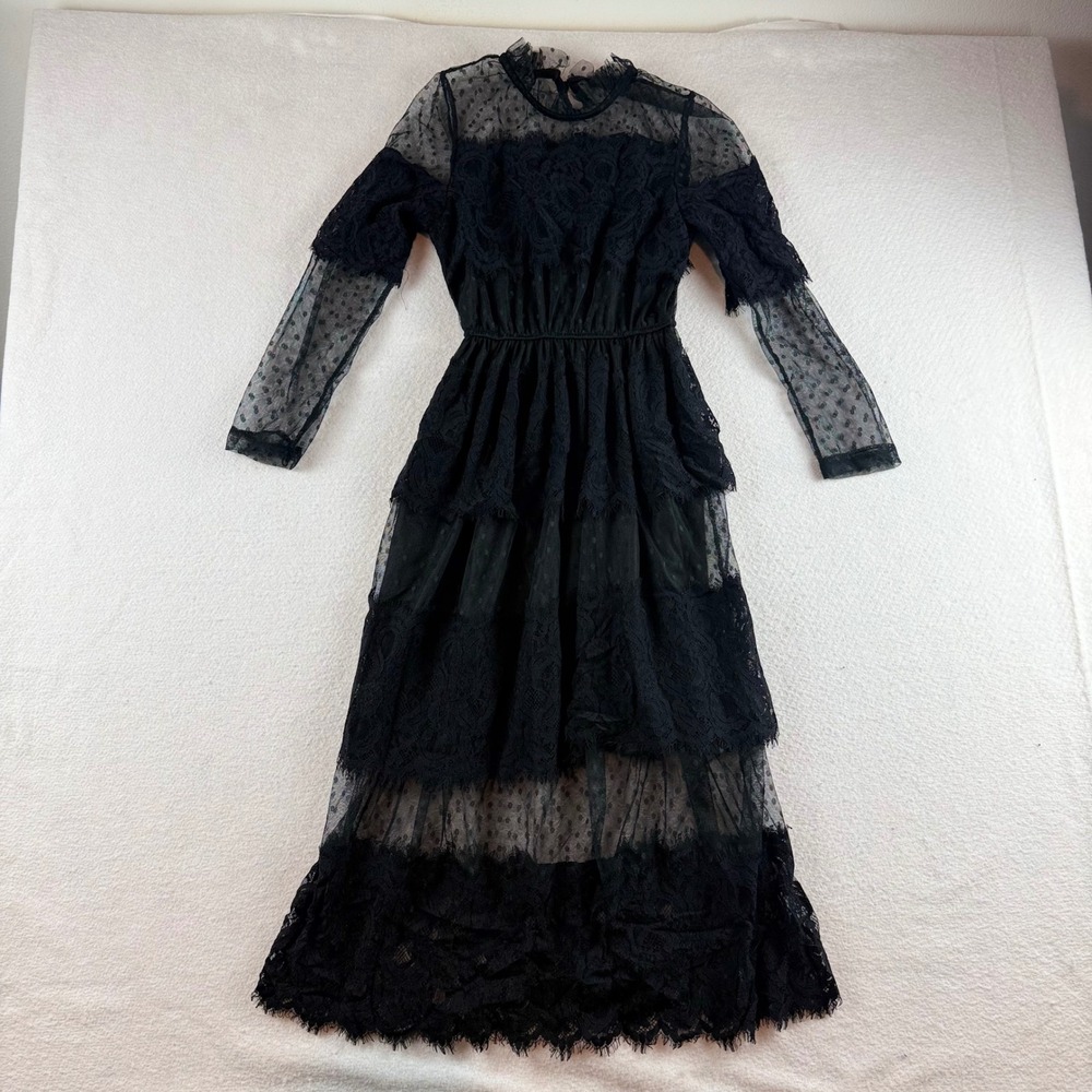 Perfect Black Lace Mesh Tiered Midi Dress Long Sleeve High Neck Goth Romantic